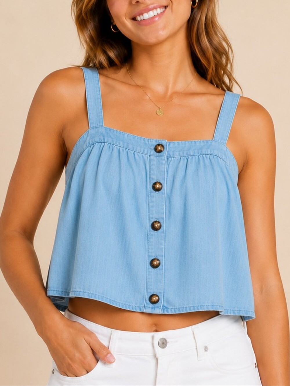 Express Chambray Crop Tank Top Light Blue Denim Button Front Sleeveless Small